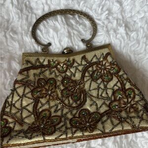 Elegant Gold and Brown Embroidered Handbag
